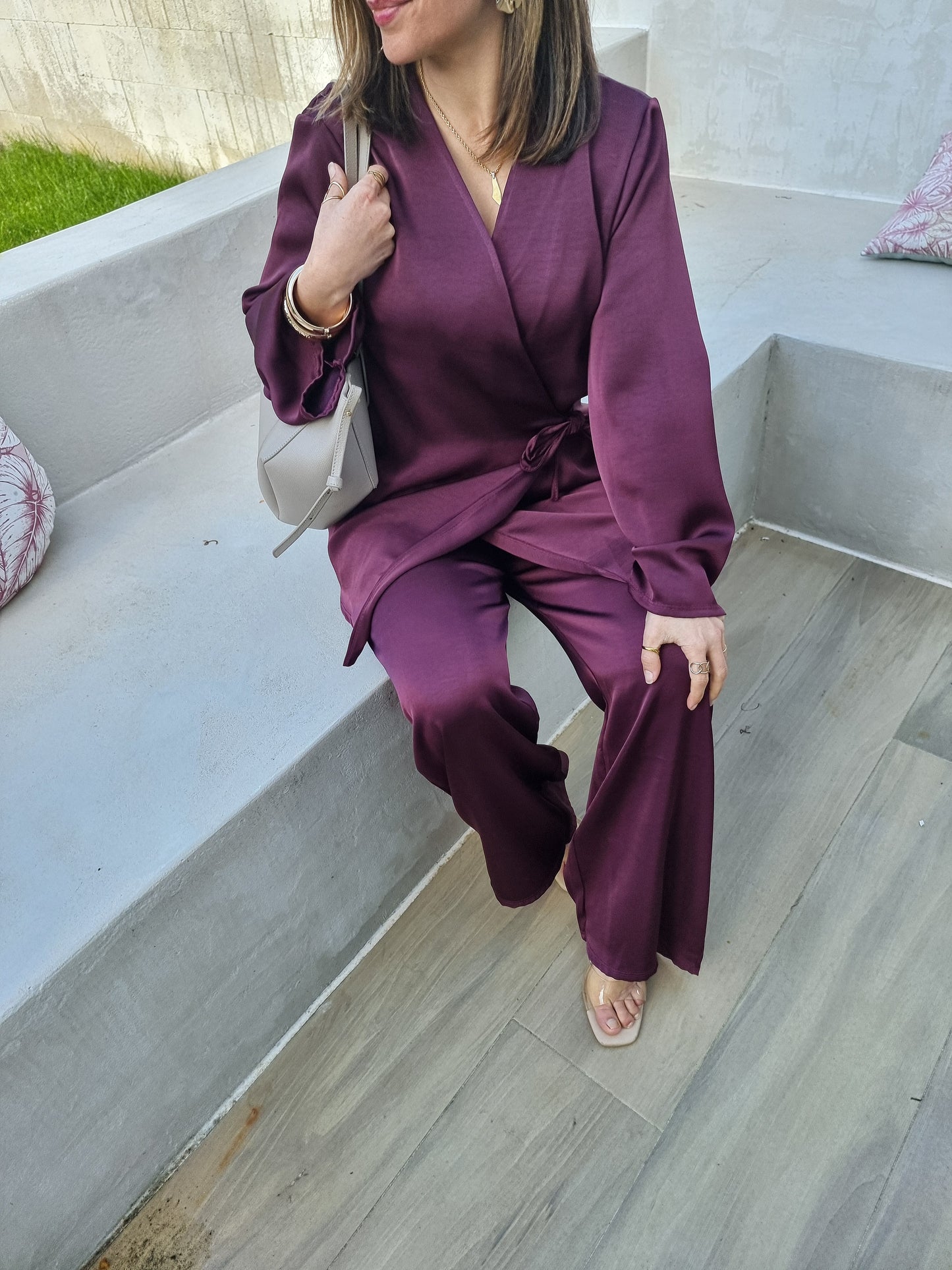 ENSEMBLE TOP CACHE-COEUR SATINÉ BURGUNDY