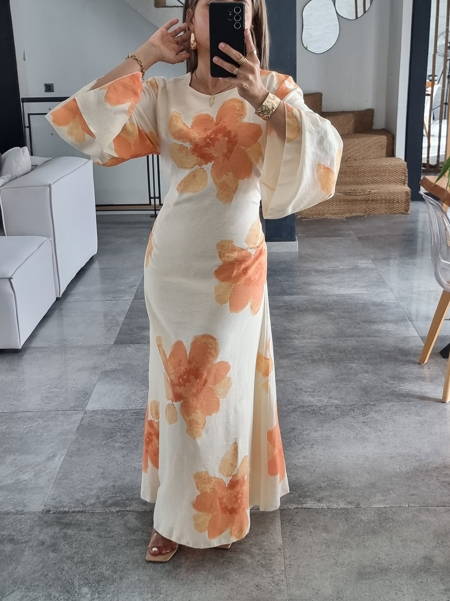 ROBE FLEURIE ORANGE EFFET LIN