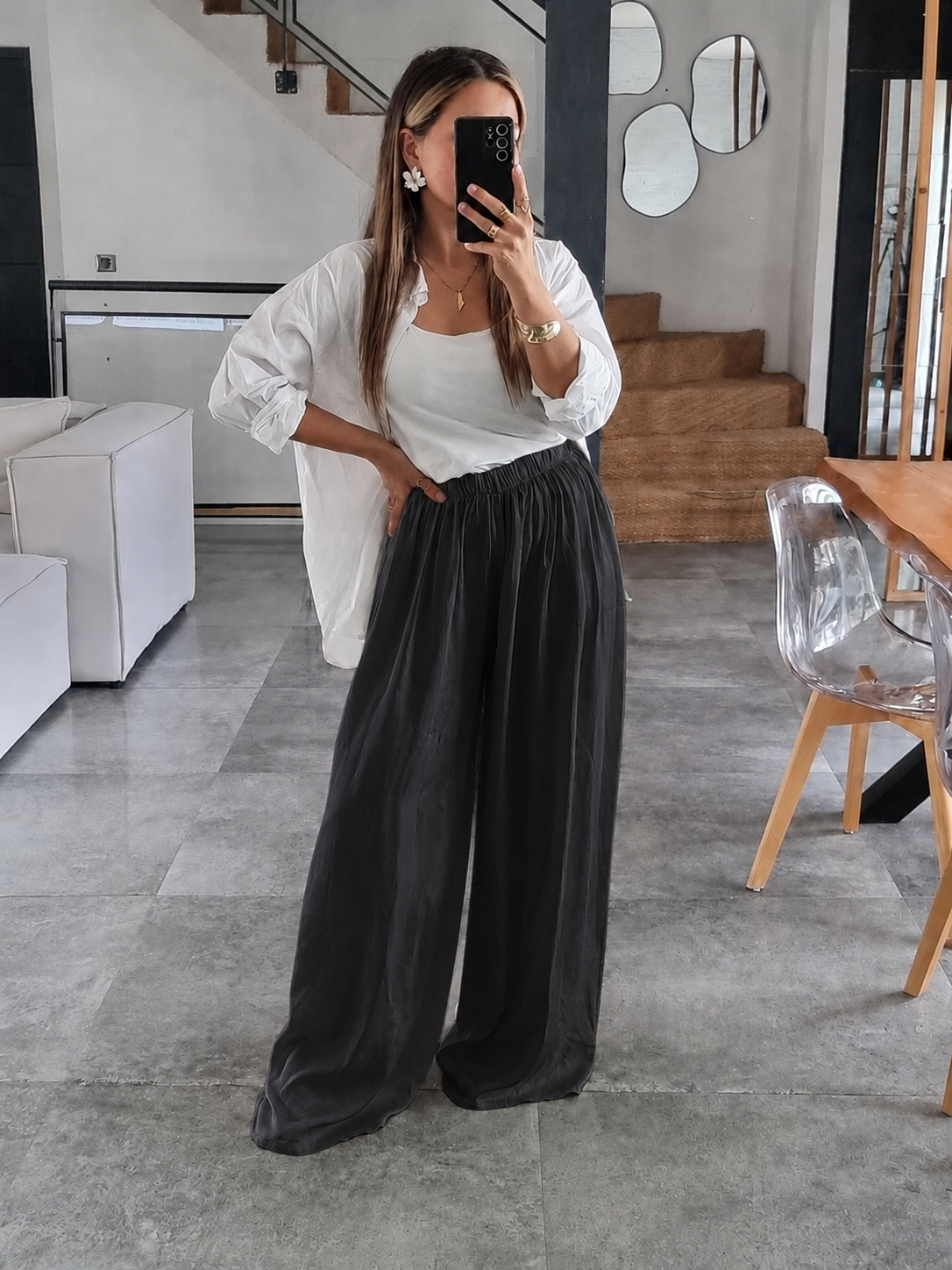 PANTALON PALAZZO SATIN DE SOIE NOIR