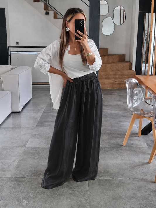 PANTALON PALAZZO SATIN DE SOIE NOIR