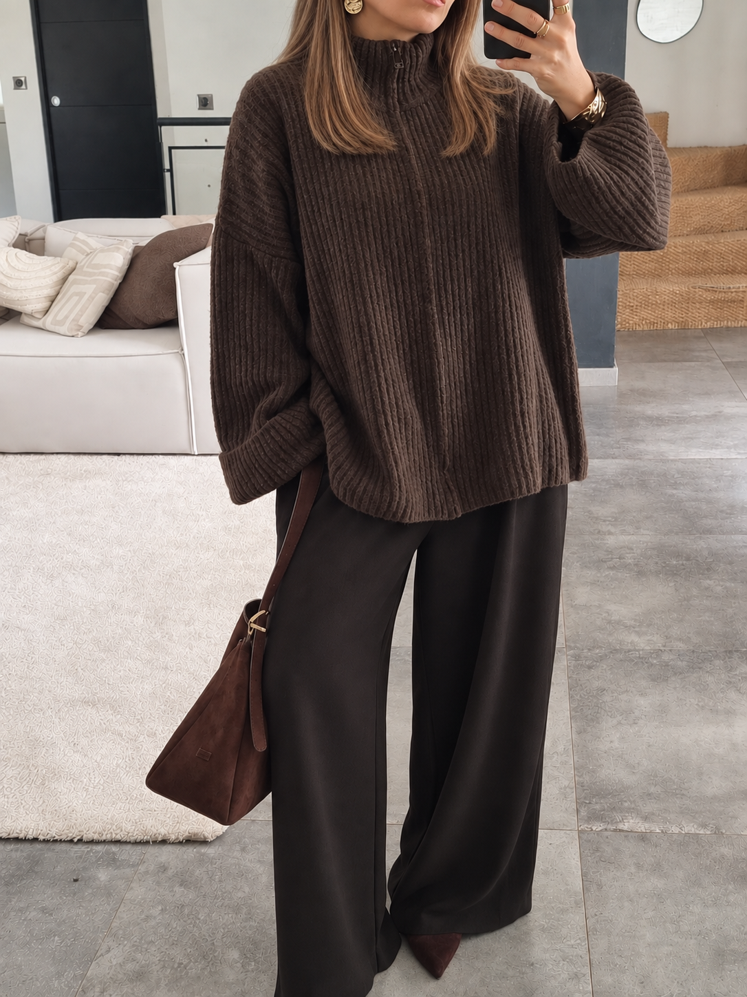 PULL CARDIGAN ZIPPÉ MARRON