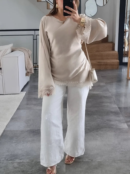 BLOUSE SATINÉE DENTELLE ASYMÉTRIQUE BEIGE