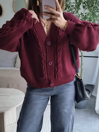 CARDIGAN MAILLE COL V BORDEAUX