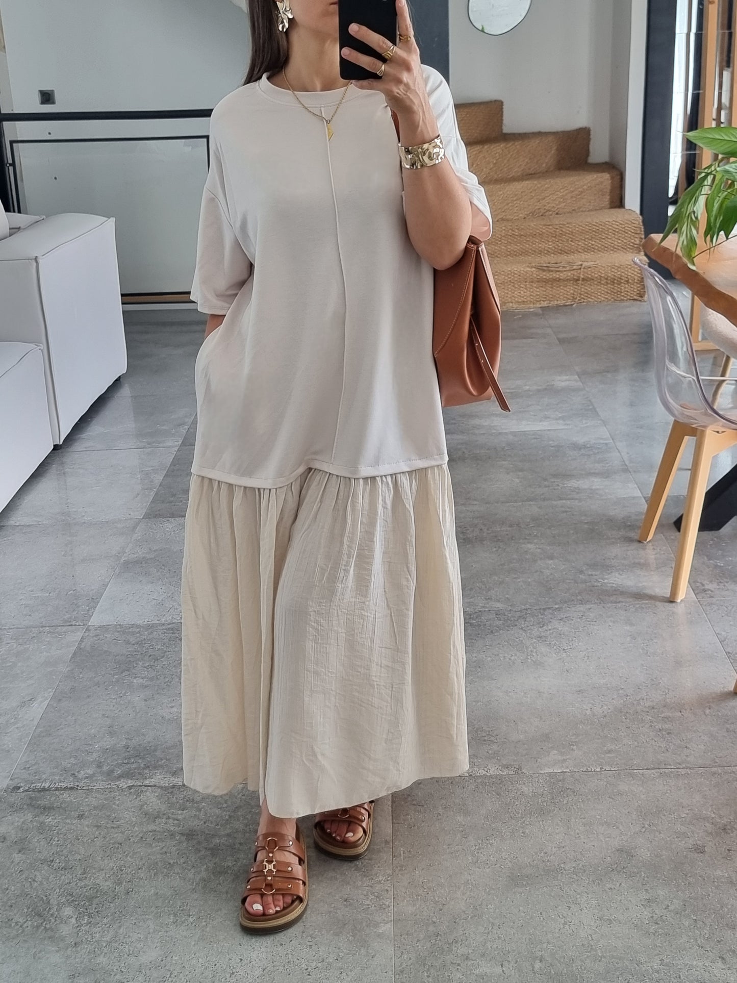 ROBE BI-MATIERE OVERSIZE MANCHES 3/4 BEIGE