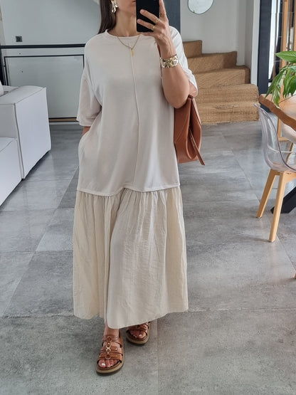 ROBE BI-MATIERE OVERSIZE MANCHES 3/4 BEIGE