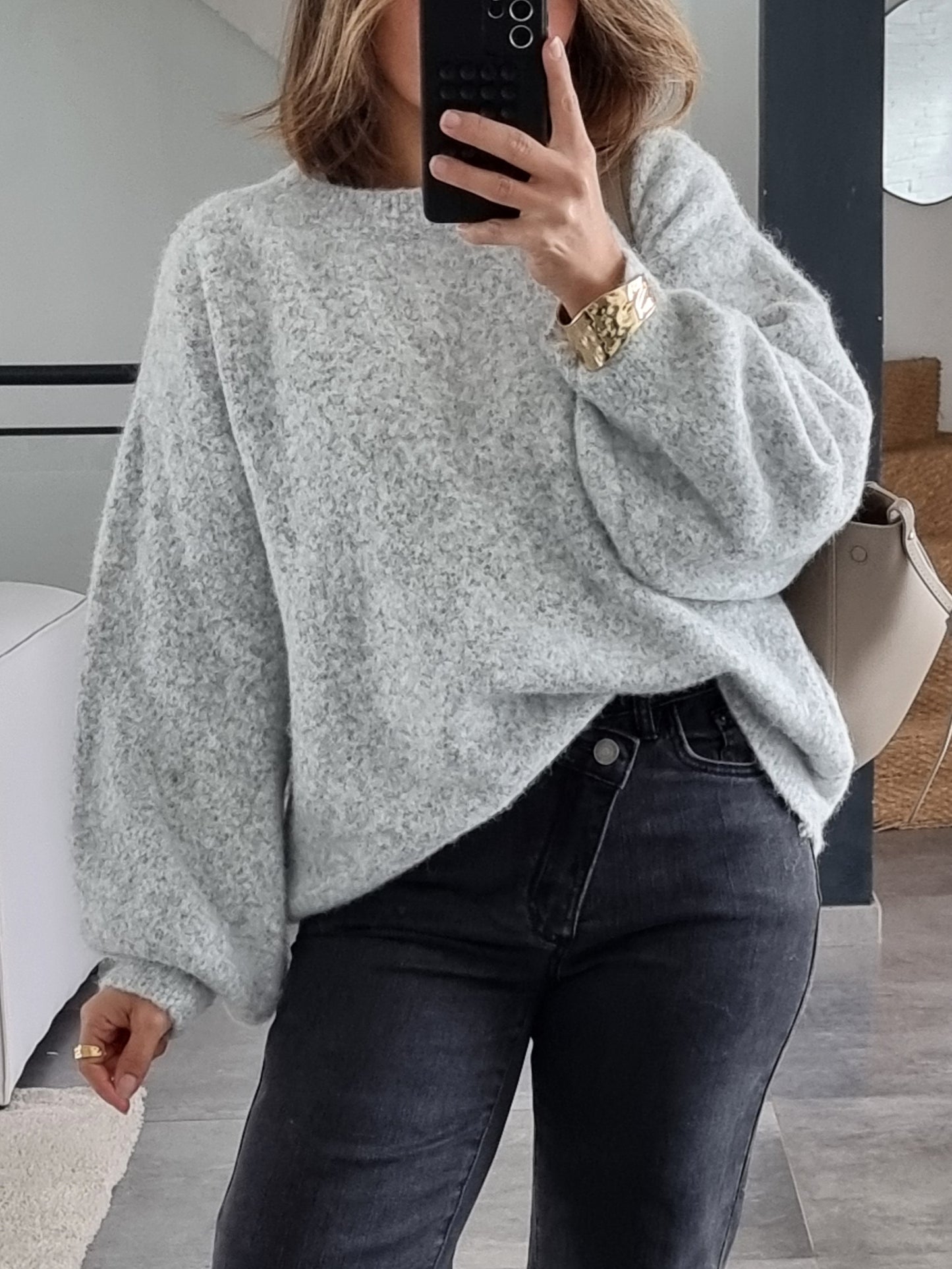 PULL LAINE COL ROND GRIS
