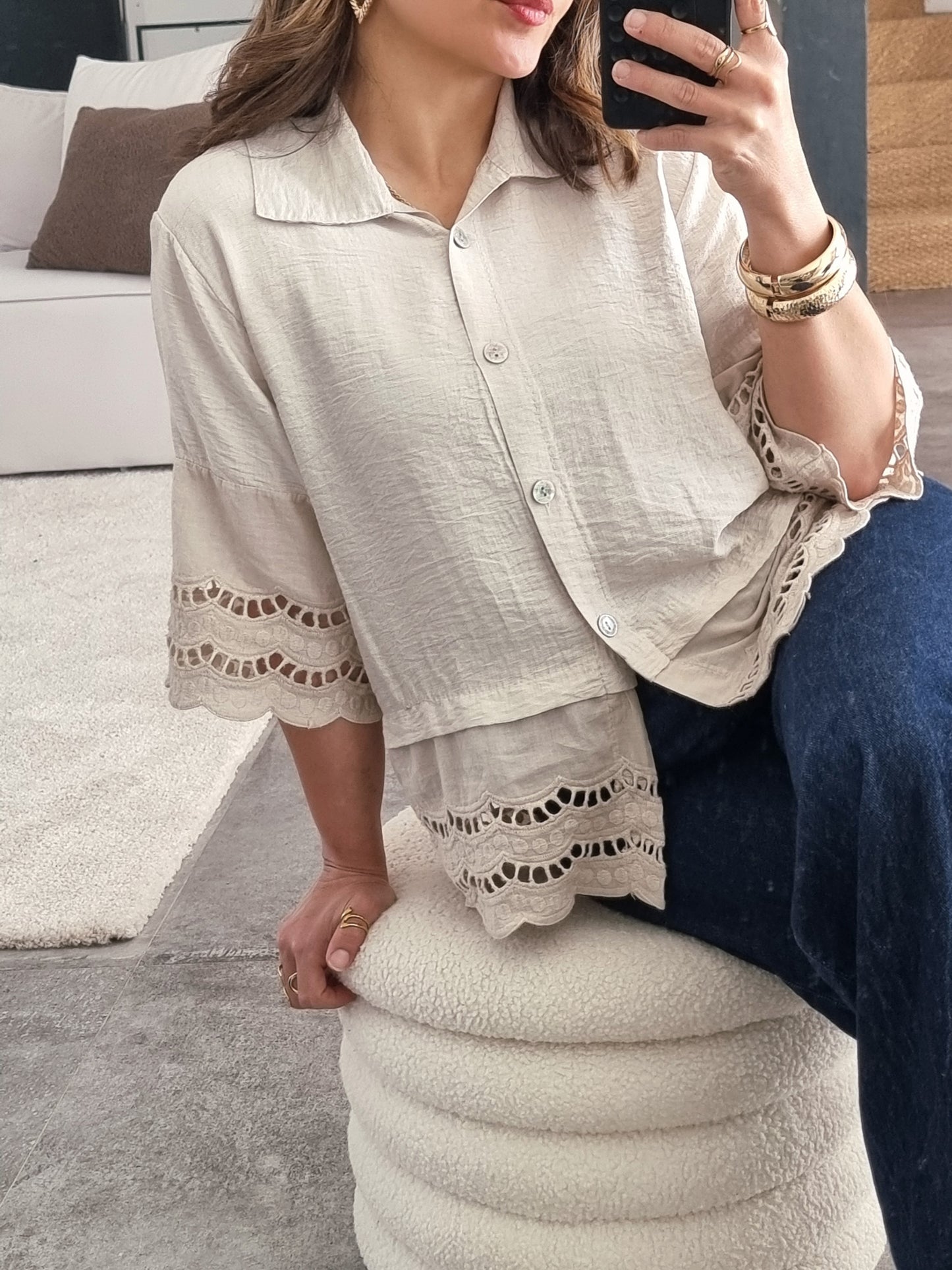 CHEMISE BRODÉE MANCHES 3/4 BEIGE