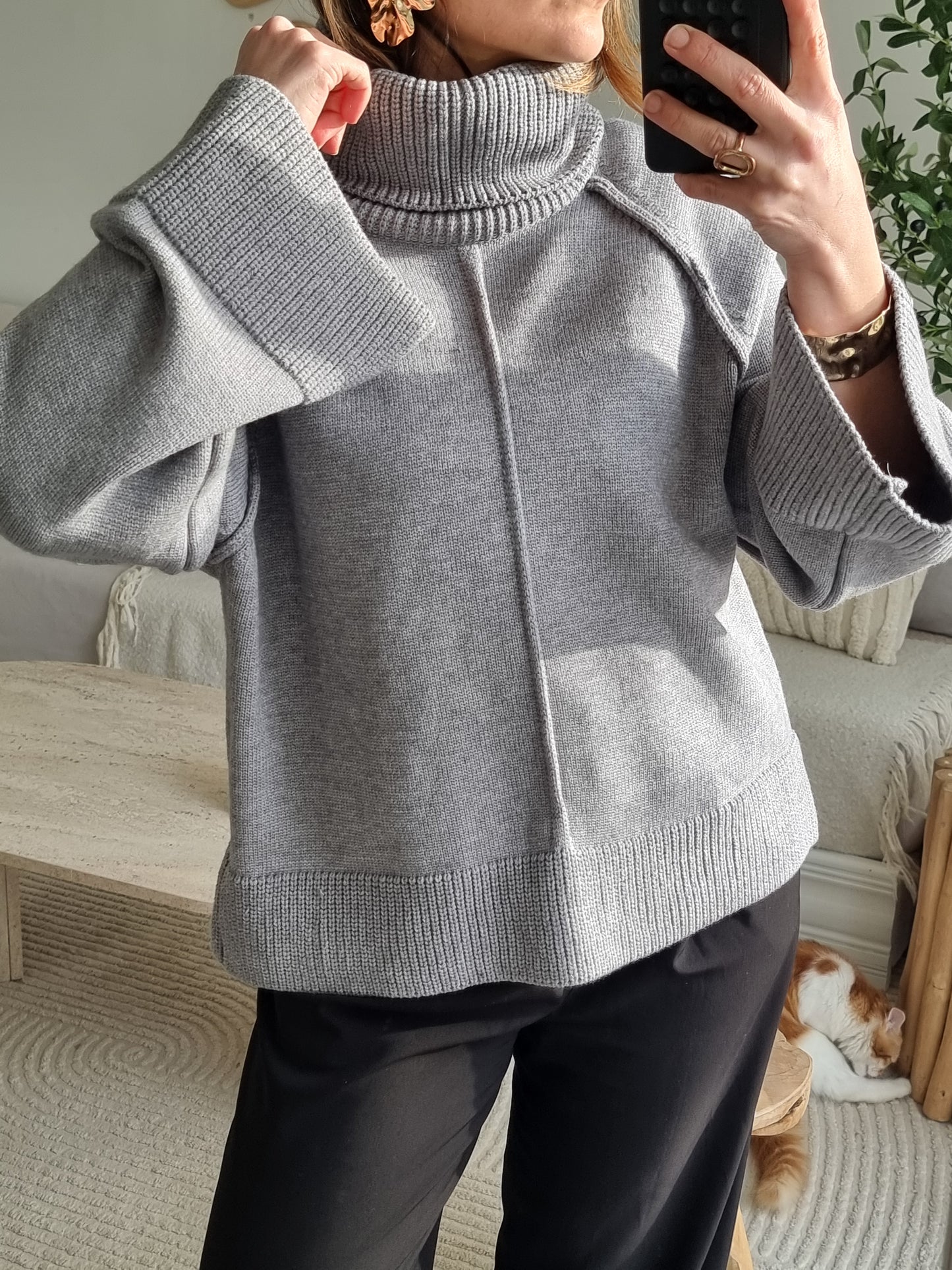PULL OVERSIZE MAILLE COL MONTANT GRIS
