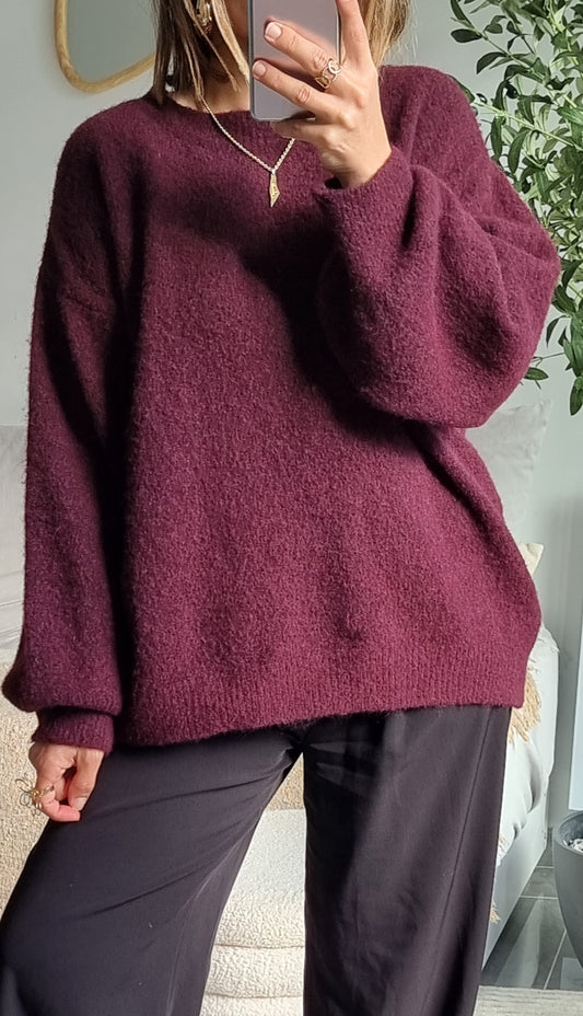 PULL LAINE COL ROND BURGUNDY