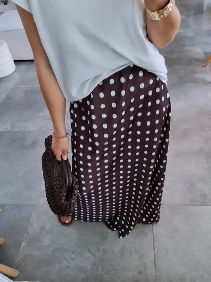 JUPE LONGUE SATINÉE À POIS MARRON