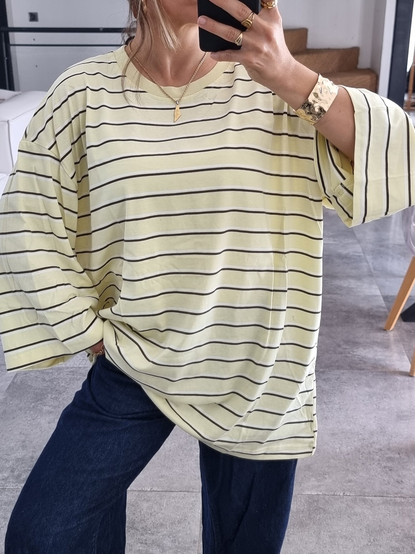 T-SHIRT OVERSIZE MANCHES LONGUES RAYÉ JAUNE
