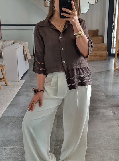 CHEMISE BRODÉE MANCHES 3/4 CHOCO