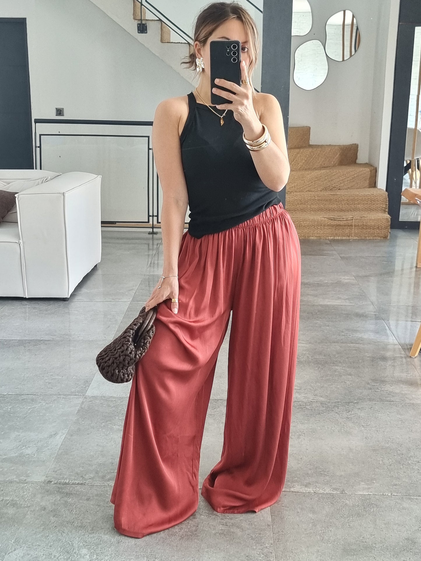 PANTALON PALAZZO SATIN DE SOIE TERRACOTA