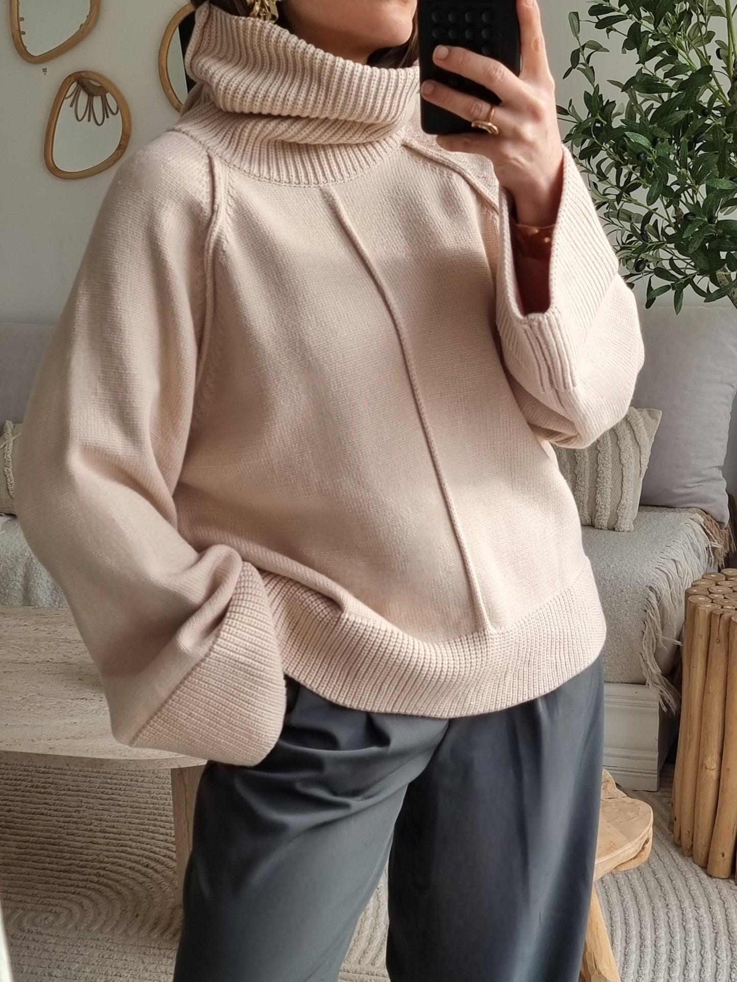 PULL OVERSIZE MAILLE COL MONTANT BEIGE
