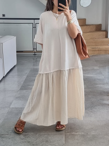 ROBE BI-MATIERE OVERSIZE MANCHES 3/4 BEIGE