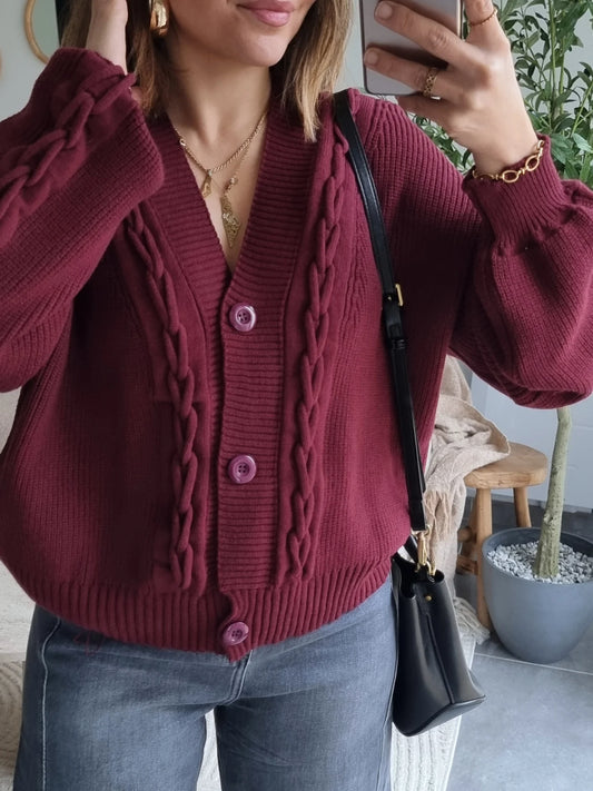 CARDIGAN MAILLE COL V BORDEAUX