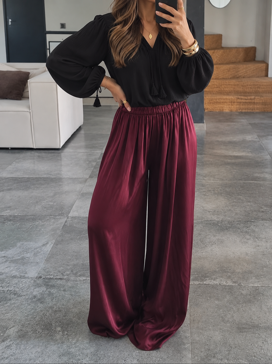 PANTALON PALAZZO SATIN DE SOIE BORDEAUX