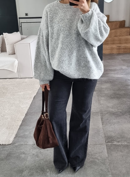 PULL LAINE COL ROND GRIS