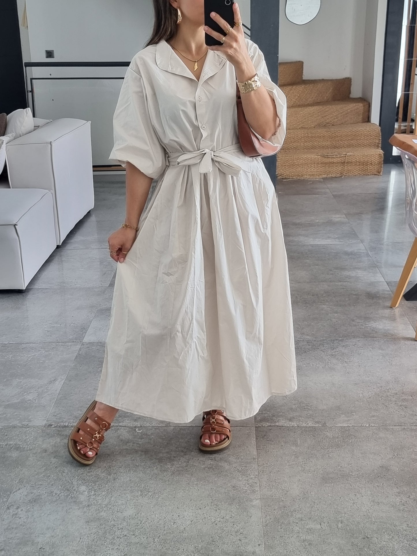 ROBE PATINEUSE MANCHES BOUFFANTES 3/4 BEIGE