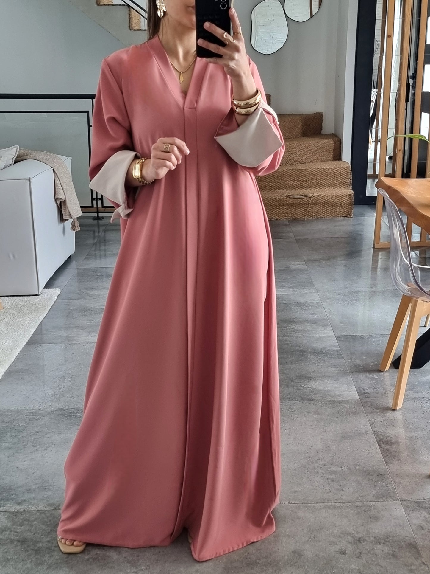ABAYA EVASEE COL V ROSE FONCÉ