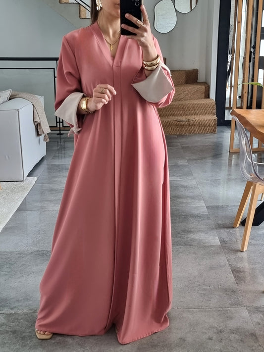 ABAYA EVASEE COL V ROSE FONCÉ