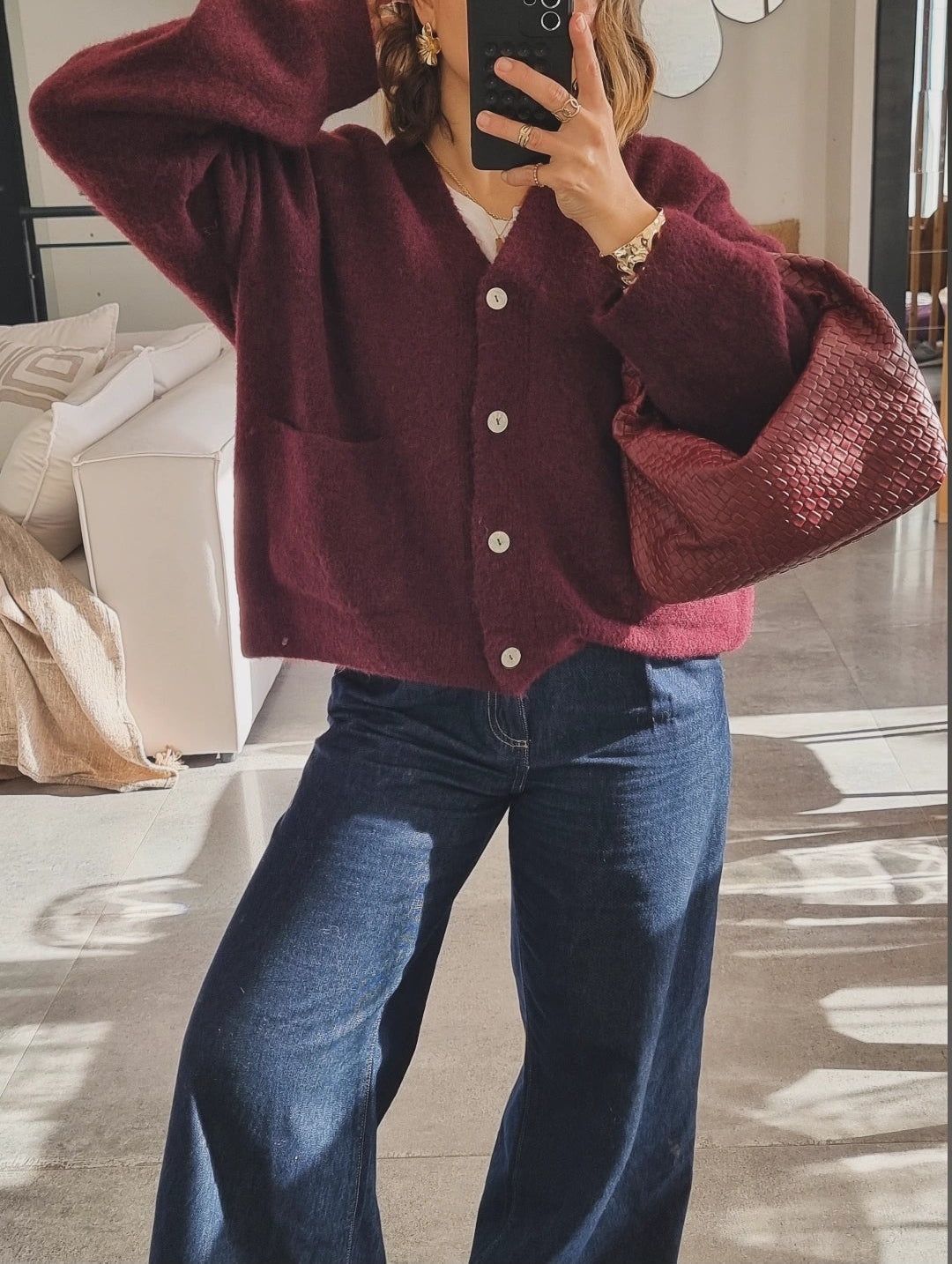 GILET COL V BURGUNDY