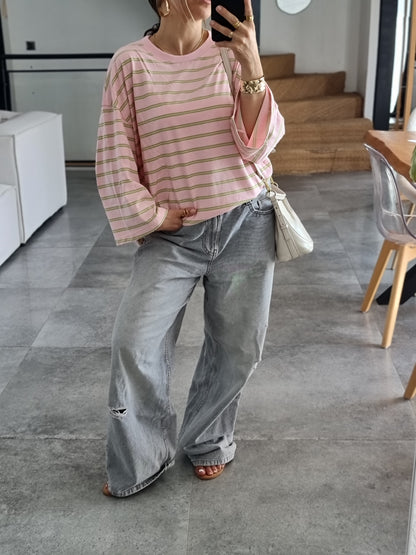 T-SHIRT OVERSIZE MANCHES LONGUES RAYÉ ROSE