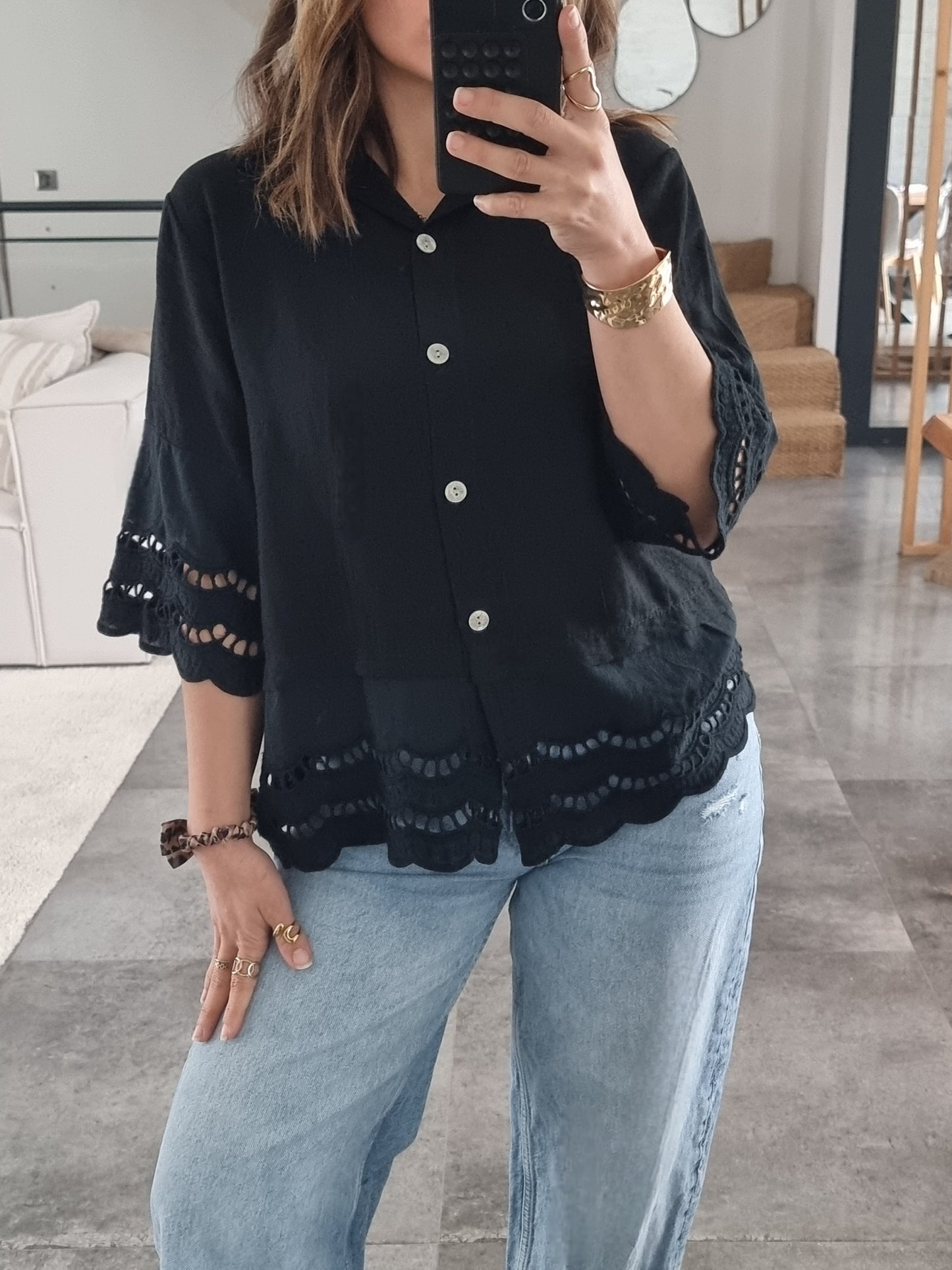 CHEMISE BRODEE MANCHES 3/4 NOIRE