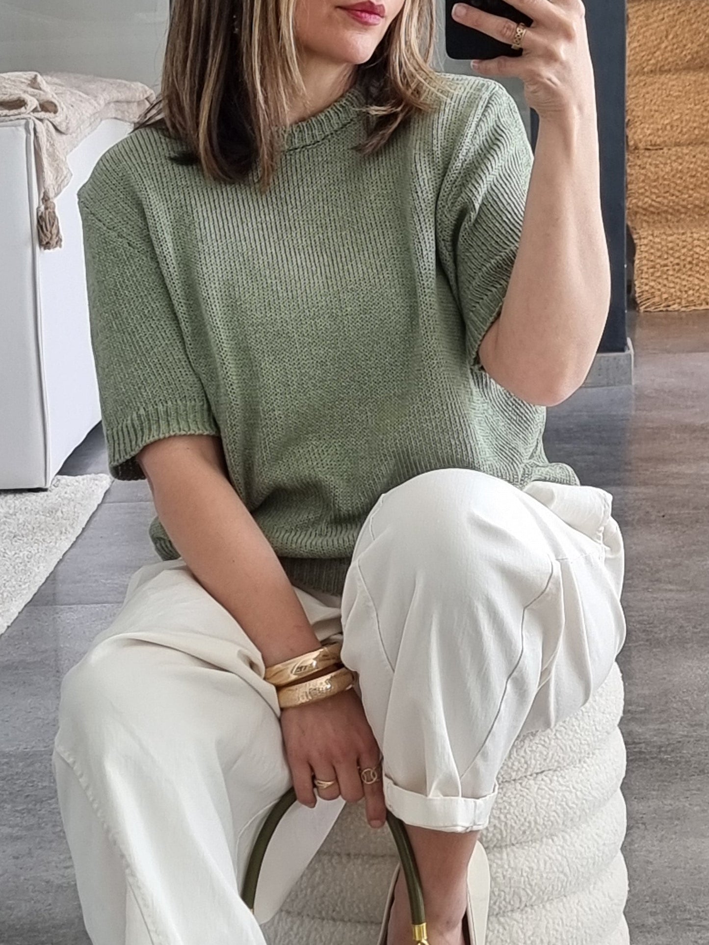 PULL MAILLE MANCHES COURTES VERT OLIVE