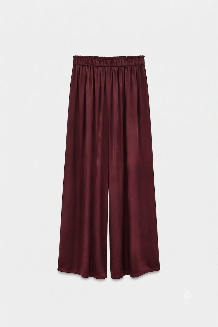 PANTALON PALAZZO SATIN DE SOIE BORDEAUX