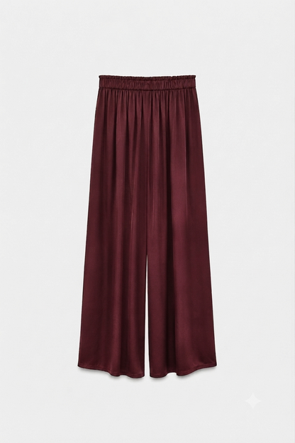 PANTALON PALAZZO SATIN DE SOIE BORDEAUX