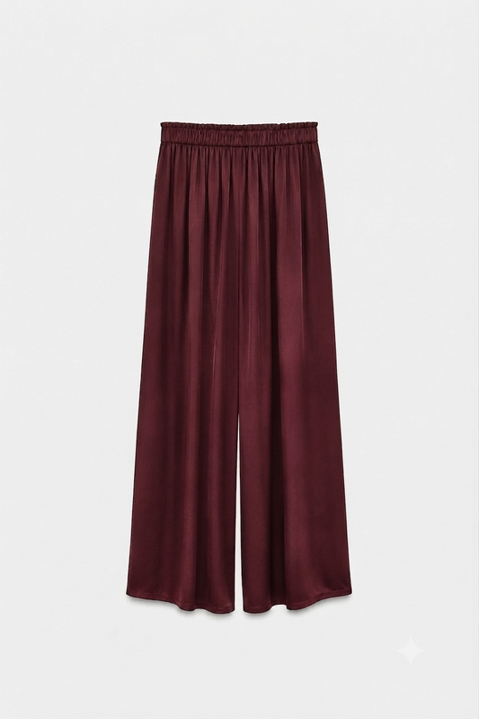 PANTALON PALAZZO SATIN DE SOIE BORDEAUX