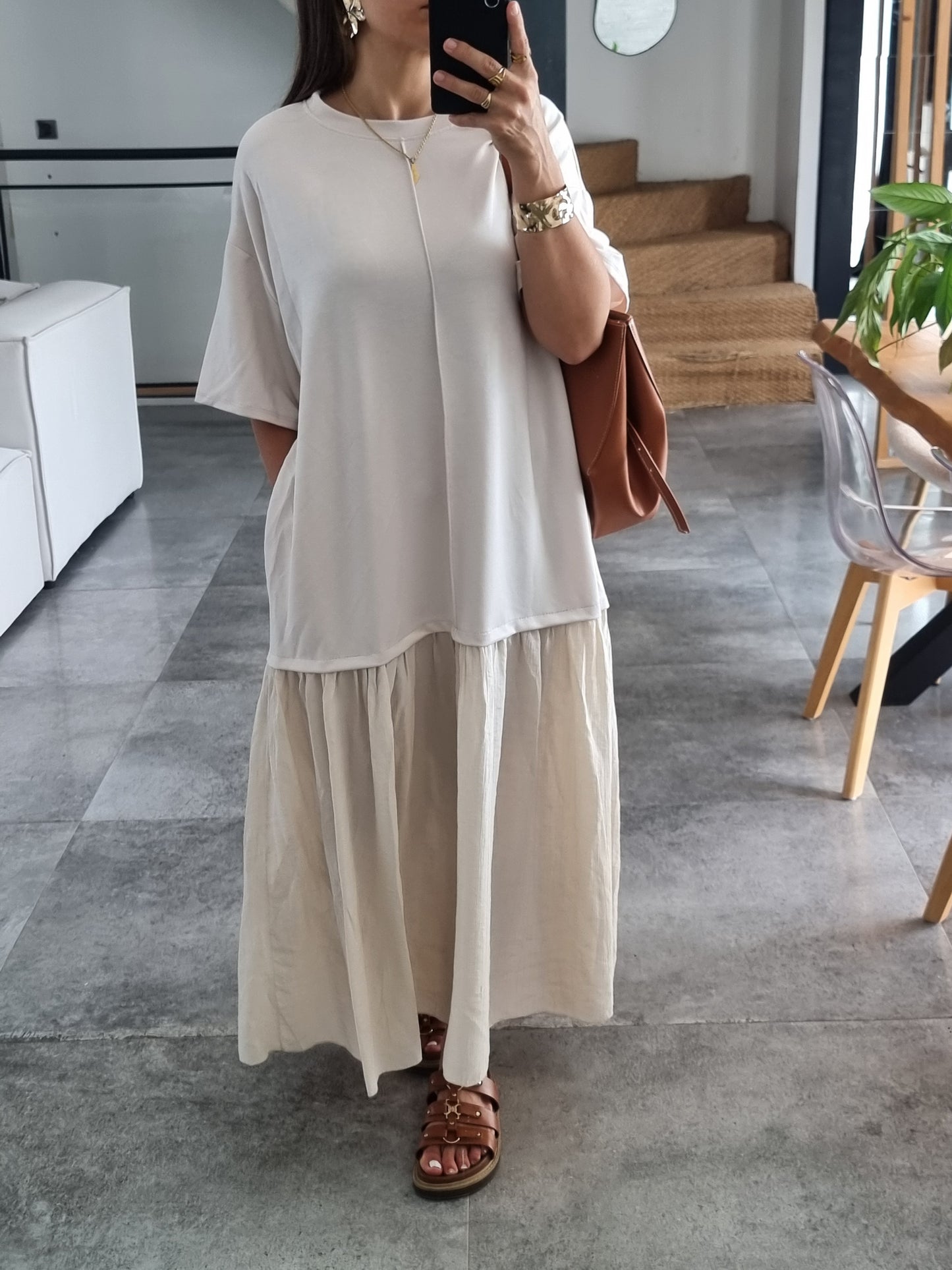 ROBE BI-MATIERE OVERSIZE MANCHES 3/4 BEIGE
