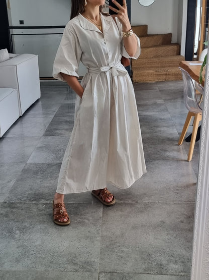 ROBE PATINEUSE MANCHES BOUFFANTES 3/4 BEIGE