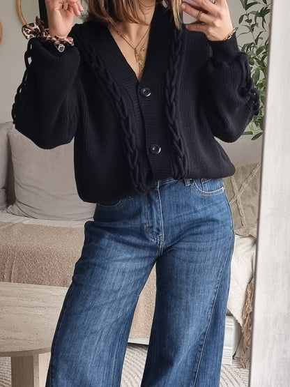 CARDIGAN MAILLE COL V NOIR
