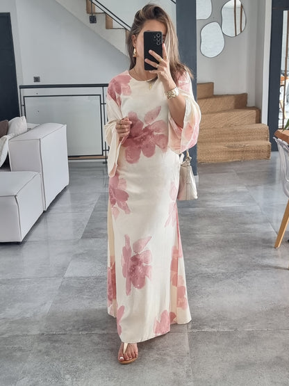 ROBE FLEURIE ROSE EFFET LIN