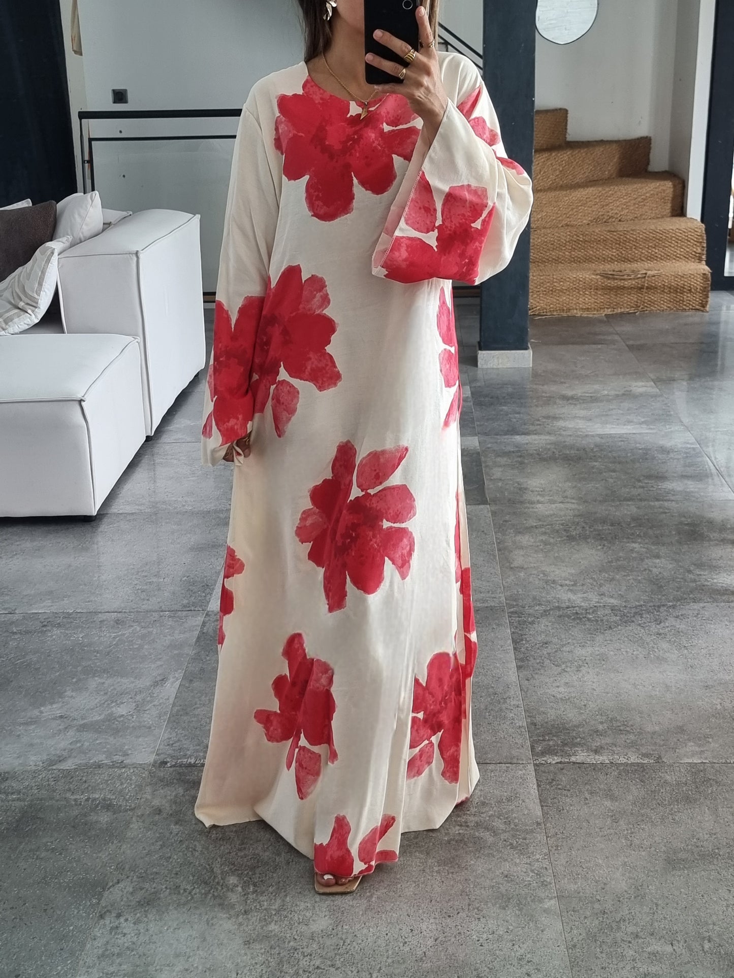ROBE FLEURIE ROUGE EFFET LIN