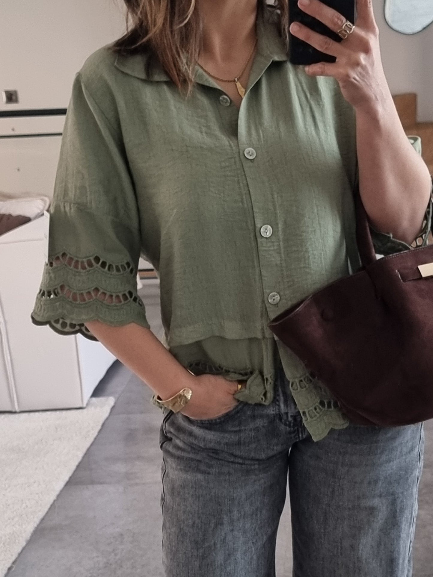 CHEMISE BRODEE MANCHES 3/4 JAUNE