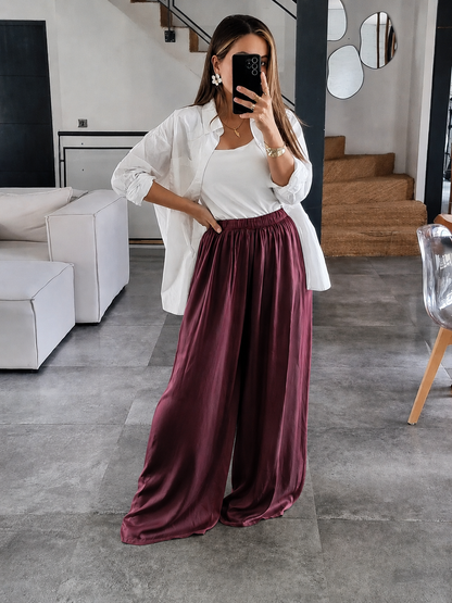 PANTALON PALAZZO SATIN DE SOIE BORDEAUX