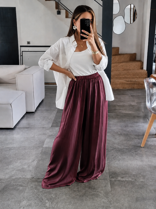 PANTALON PALAZZO SATIN DE SOIE BORDEAUX