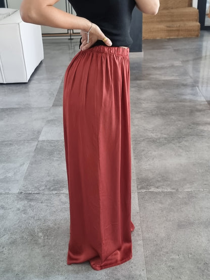 PANTALON PALAZZO SATIN DE SOIE TERRACOTA