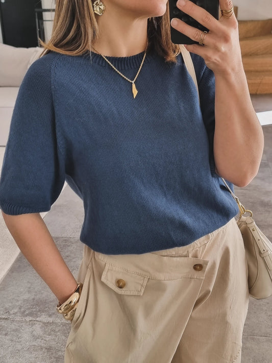 PULL MAILLE MANCHES 3/4 BLEU