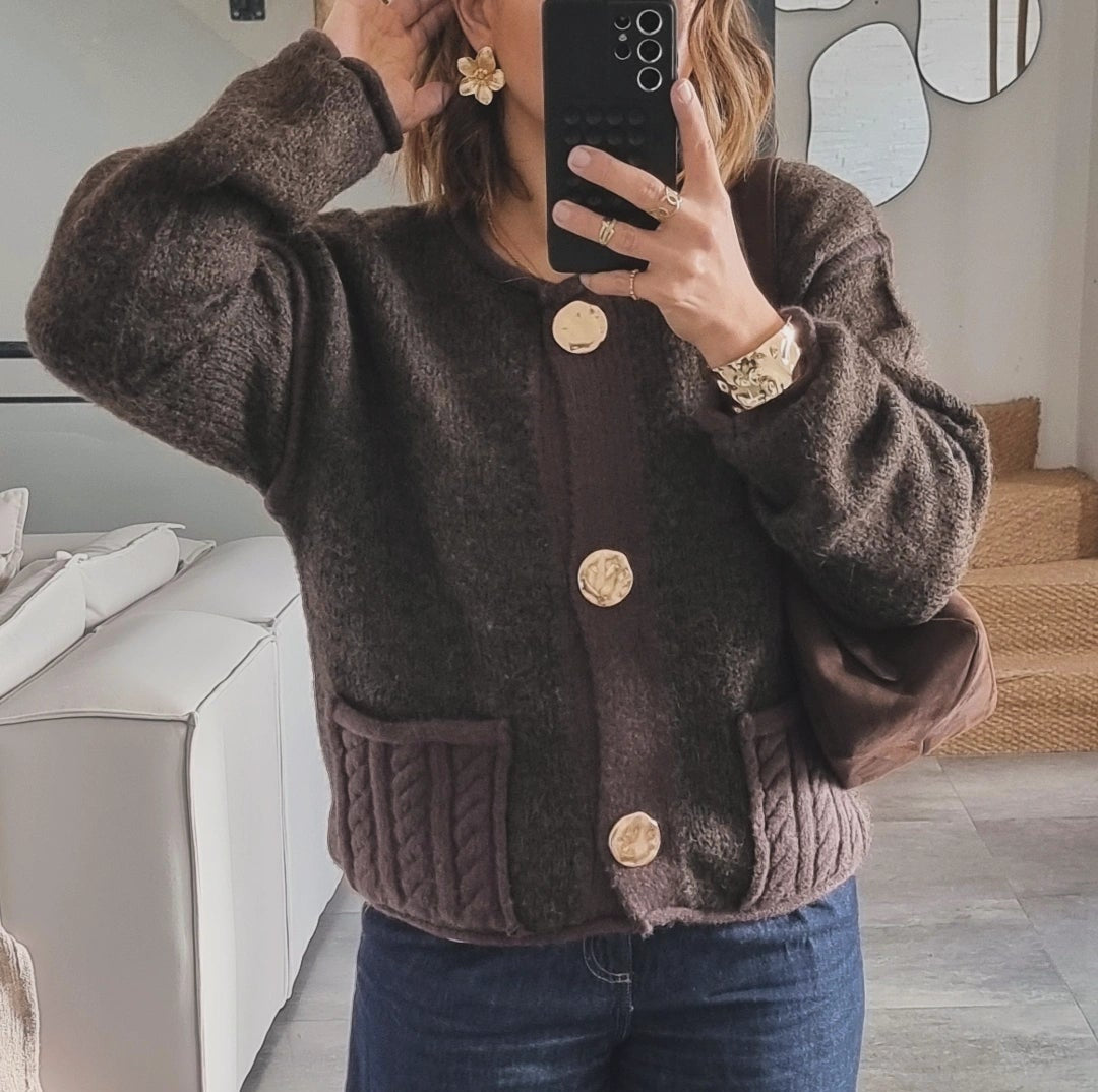 PULL CARDIGAN MAILLE CHOCO