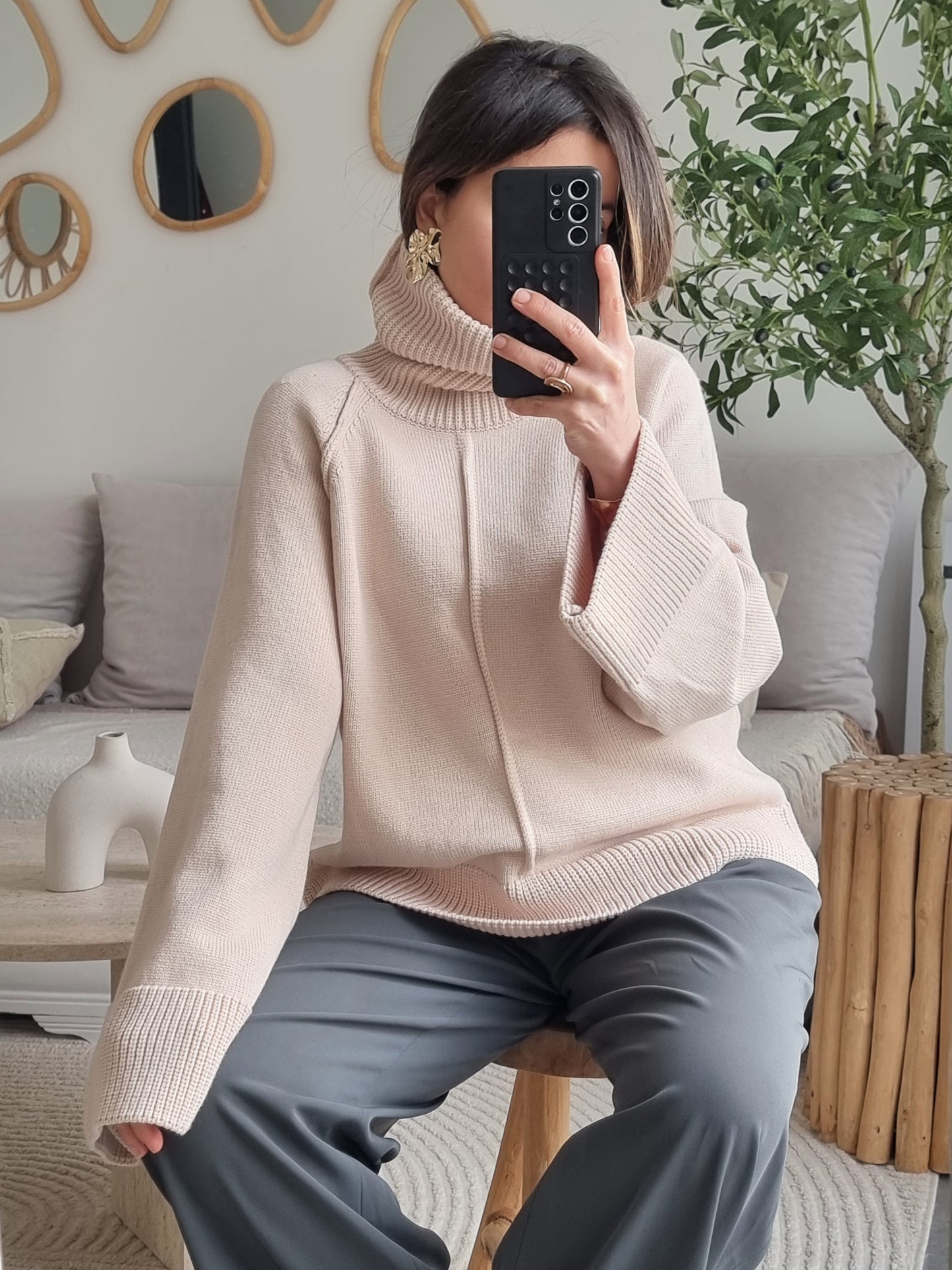 PULL OVERSIZE MAILLE COL MONTANT BEIGE