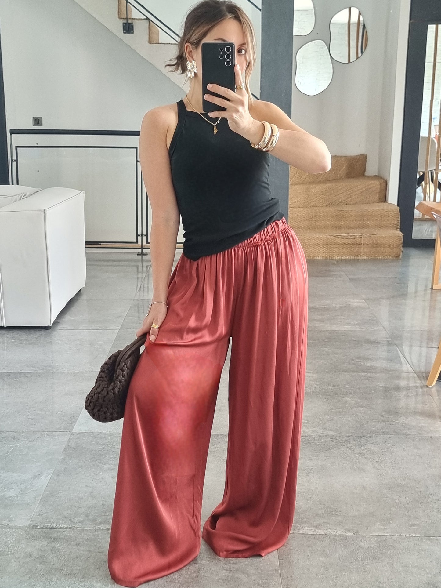 PANTALON PALAZZO SATIN DE SOIE TERRACOTA