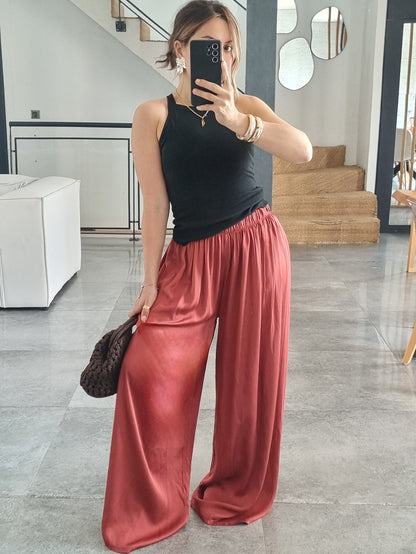 PANTALON PALAZZO SATIN DE SOIE TERRACOTA