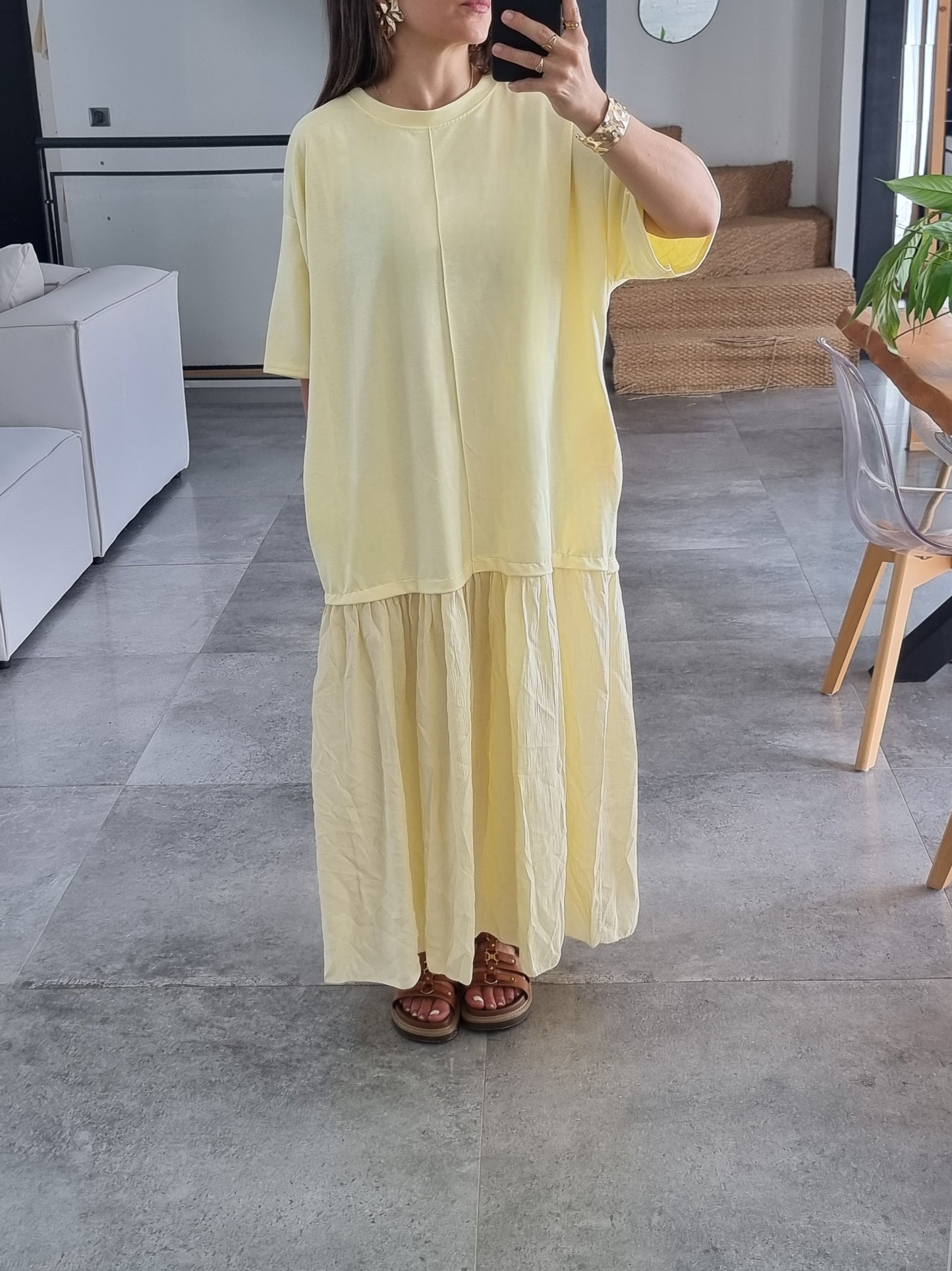 ROBE BI-MATIERE OVERSIZE MANCHES 3/4 JAUNE