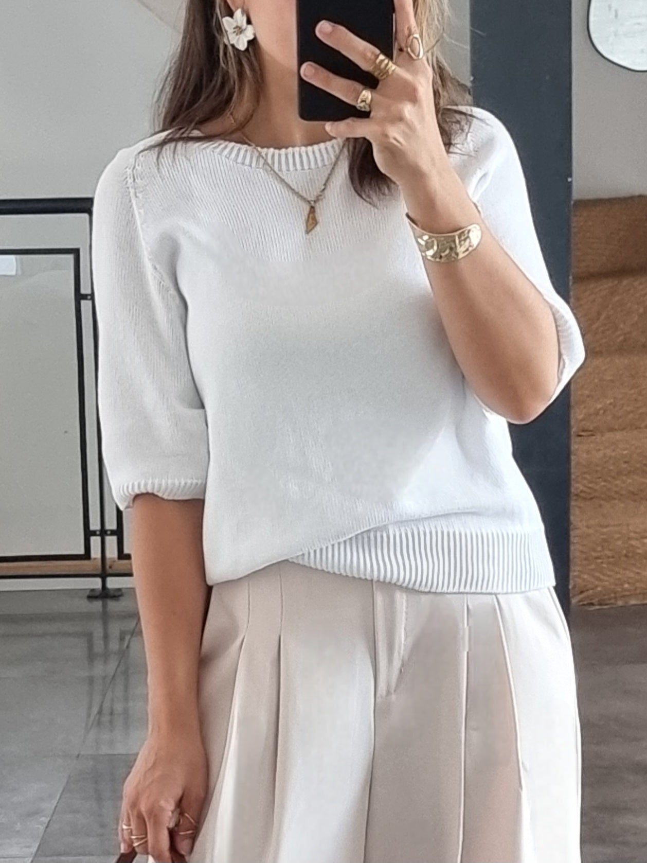 PULL MAILLE MANCHES 3/4 BLANC