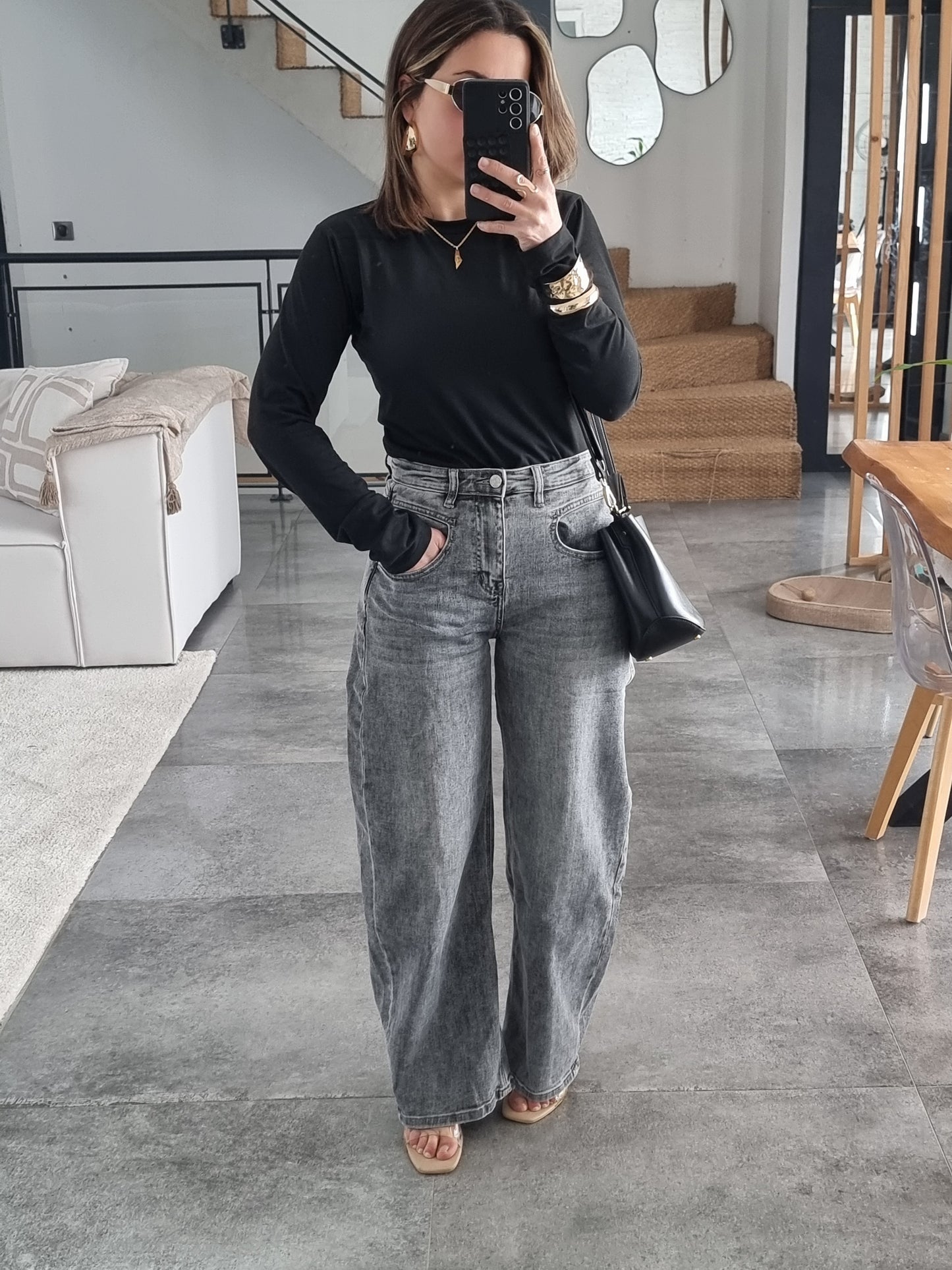 JEAN BARREL TAILLE HAUTE GRIS