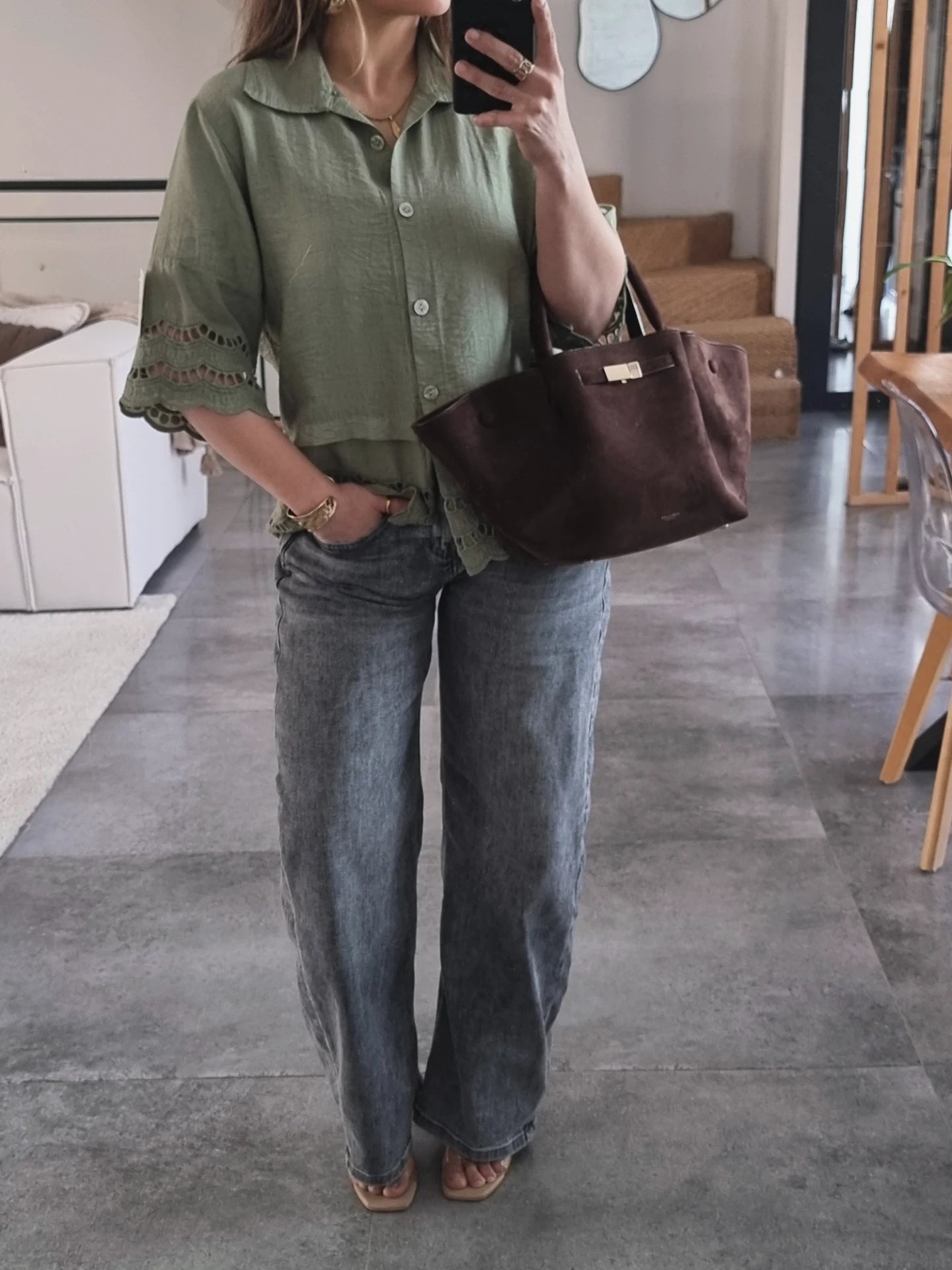 CHEMISE BRODÉE MANCHES 3/4 VERT OLIVE